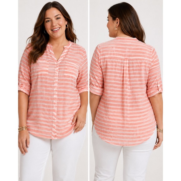 Lane Bryant Tops - Lane Bryant Womens 22/24 Coral Pink Striped Cotton Button Down Shirt V-Neck Top